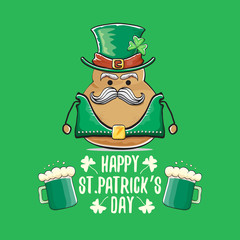 Happy saint patricks day greeting card with funky leprechaun rock star potato character with green particks hat and beer isolated on green background. Rock n roll hipster vegetable funky character