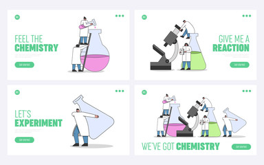 Laboratory Experiments Concept. Website Landing Page. Team of Chemists and Laboratory Technicians Is Making An Chemical Experiments. Set Of Web Pages Cartoon Linear Outline Flat Vector Illustrations