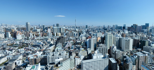 青空を背景に文京区から見た墨田区方面のパノラマ風景