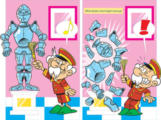 Vector illustration with a puzzle where you need to find the missing fragment of a knight's armor