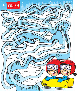 Vector illustration with a maze where it is necessary to help children on a sled to reach the finish line.
