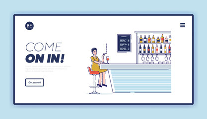 Obraz na płótnie Canvas Concept Of Leisure In Bar. Website Landing Page. Cheerful Woman Sit At Bar Counter And Have A Good Time Smoking, Drinking Alcohol, Have Fun. Web Page Cartoon Linear Outline Flat Vector Illustration