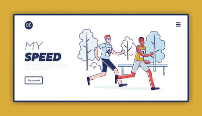 Concept Of Running Marathon And Healthy Lifestyle. Website Landing Page. Sportsmen Run Marathon. Healthy Running Marathon Athletes Sprinting. Web Page Cartoon Linear Outline Flat Vector Illustration