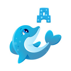 blue cheerful cartoon dolphin vector icon, underwater world of sea ocean isolated on white background, t-shirt printing template eps 10, big eyes illustration small gregarious toothed whale latin abc 