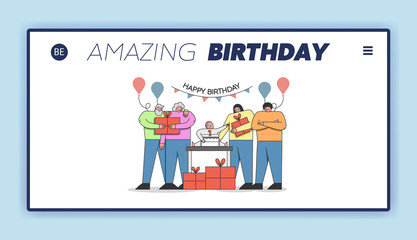 Happy Birthday Party Celebration Concept. Website Landing Page. Family Celebrate Babys First Birthday, Prepare, Bringing and Give Him Gifts.Web Page Cartoon Outline Linear Flat Vector Illustration