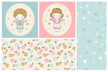 Two baby angel show cards. Seamless pattern set.