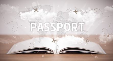 Open book with PASSPORT inscription, vacation concept