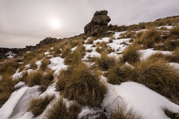 A dramatic snow-covered mountain landscape taken in Lesotho, on a stormy and overcast afternoon.