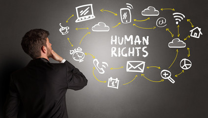 businessman drawing social media icons with HUMAN RIGHTS inscription, new media concept