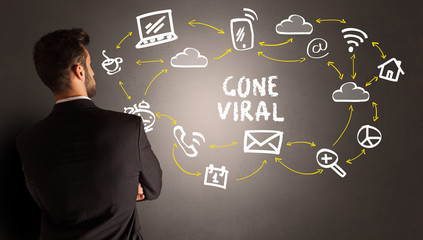 businessman drawing social media icons with GONE VIRAL inscription, new media concept