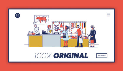 Butchery Shop Concept. Website Landing Page. People Are Choosing And Buying Fresh Meat And Meat Products Standing In A Queue In Butchery Shop. Web Page Cartoon Linear Outline Flat Vector Illustration