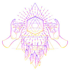 Buddha hands over sacred geometry, Metatrons Cube, Flower of life. Sacred geometry abstract background. Good design for textile t-shirt print, flyer and posters background.