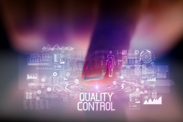 Finger touching tablet with web technology icons and QUALITY CONTROL inscription