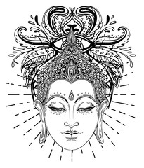 Buddha face over ornate mandala round pattern. Esoteric vintage vector illustration. Indian, Buddhism, spiritual art. Hippie tattoo, spirituality, Thai god, yoga zen Coloring book pages for adults.