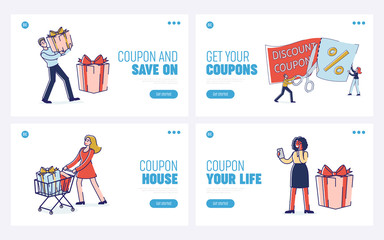 Concept Of Loyalty Program. Website Landing Page. Male And Female Characters Make Shopping for Holidays On Sale Using Discount Coupon. Set Of Web Pages Cartoon Outline Linear Vector Illustration