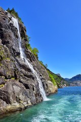 Fototapeta na wymiar Waterfall , Pulpit Rock , Preikestolen , Norway Fjords , 