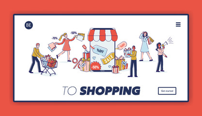Concept Of Digital Marketing, E Commerce and Online Shopping. Website Landing Page. Happy People Order And Buy Gifts And Purchases Online. Web Page Cartoon Linear Outline Flat Vector Illustration