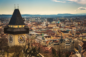 Uhrturm landmark in Graz cityscape view, Styria region of Austria