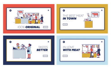 Butchery Shop Concept. Website Landing Page. People Are Choosing And Buying Meat And Meat Products. Sellers Offers a Fresh Assortment. Set Of Web Pages Cartoon Linear Outline Flat Vector Illustration