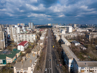 Aerial drone view of Kiev at cloudy weather