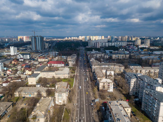 Aerial drone view of Kiev at cloudy weather