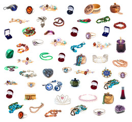Beautiful jewelry collection on white background. Full size.