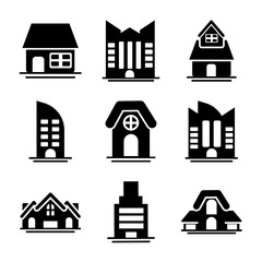 set of icons of towers of apartment, office building and house , silhouette style icon