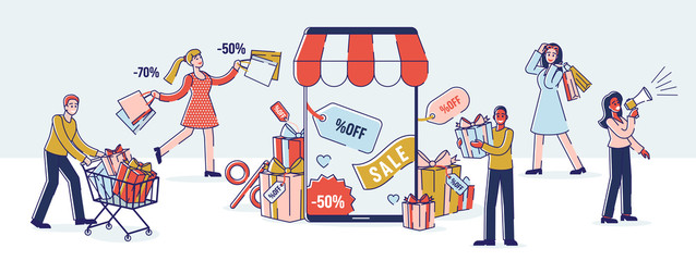 Fototapeta na wymiar Online Shopping Concept. Couple Man And Woman Are Shopping Online. Man Is Carrying Cart With Purchases, Woman Is Happy To buy Things With Discount. Cartoon Linear Outline Flat Vector Illustration