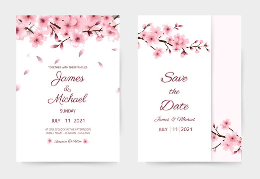 Watercolor cherry blossom wedding invitation card. Beautiful and modern design. Can be used as a card holder. Sakura flower