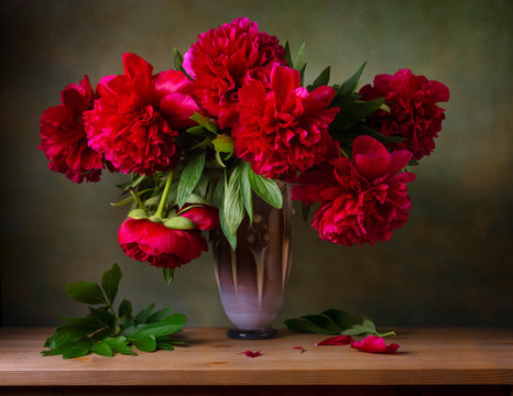 Still life with burgundy peonies in a vase