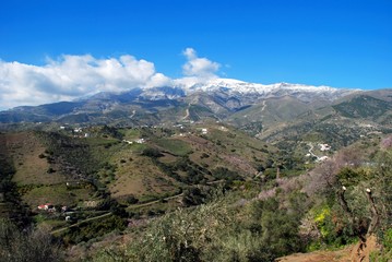 Fototapeta na wymiar View across the countryside towards snow capped mountains, Salares, Spain.