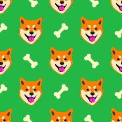 Seamless pattern with the image of a shiba inu dog. Dog with a bone.