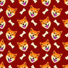 Seamless pattern with the image of a shiba inu dog. Dog with a bone.
