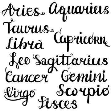 Zodiac lettering Vector Sign. Astrology hand painted illustration. Horoscope set