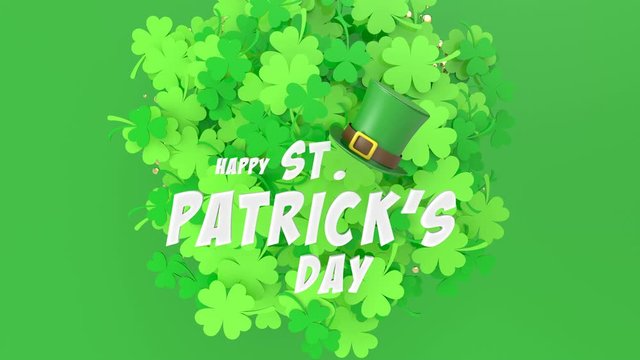 St. Patrick's day animated greeting card with inscriptions, clover and hat. Happy St. Patrick's day holiday. 3d Animation 4k Ultra HD 3840x2160