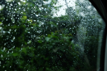 Dew and Raindrops on a window glass in natural rainforest
