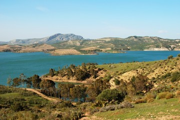 Elevated view of Guadalteba lake and surrounding countryside near Ardales, Spain.