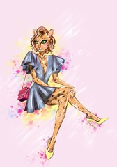 Hand drawn fashion art of leopard catwoman sits cross-legged in a summer dress and white high heels. fashion animal illustration