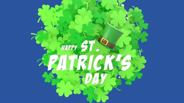 St. Patrick's day animated greeting card with inscriptions, clover and hat. Happy St. Patrick's day holiday. Chrome key. 3d Animation 4k Ultra HD 3840x2160