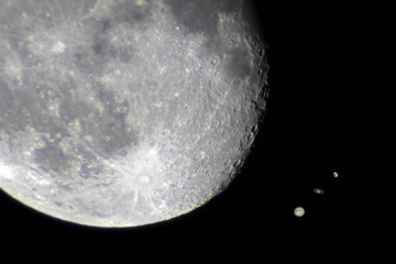 Moon and planets through telescope. Equal magnification. Angular diameter of planets compared with...