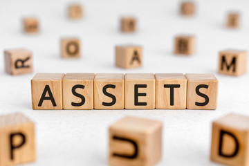 assets - word from wooden blocks with letters, useful or valuable thing assets concept, random...