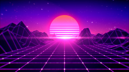 Retro background futuristic 80's style, digital summer landscape mountain, sun and space with laser grid on terrain, 3d rendering.
