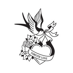 Old school tattoo emblem label with swallow rose heart symbols and wording forever love. Traditional tattooing style ink.