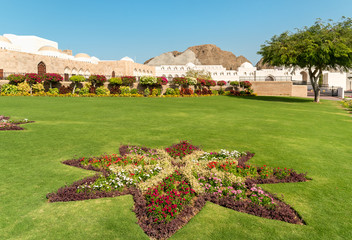 Flowered garden of the Al Alam Palace in Old Muscat in Sultanate of Oman.