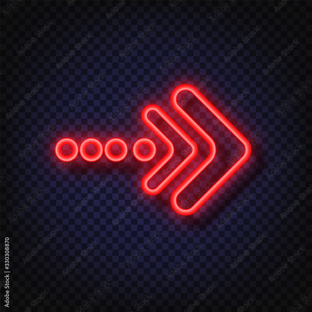 Poster neon arrow sign. glowing neon arrow pointer isolated. realistic glowing bright neon arrow. shining a