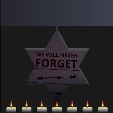 Jewish star with barbed wire and candles, International Holocaust Remembrance Day poster, January 27. World War II Remembrance Day.Yellow Star of David