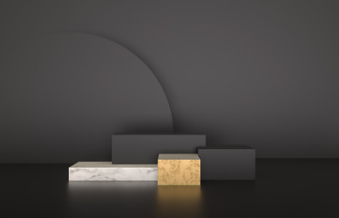 Beauty fashion luxury podium backdrop for product display. minimalist black, marble and gold background. 3d render.