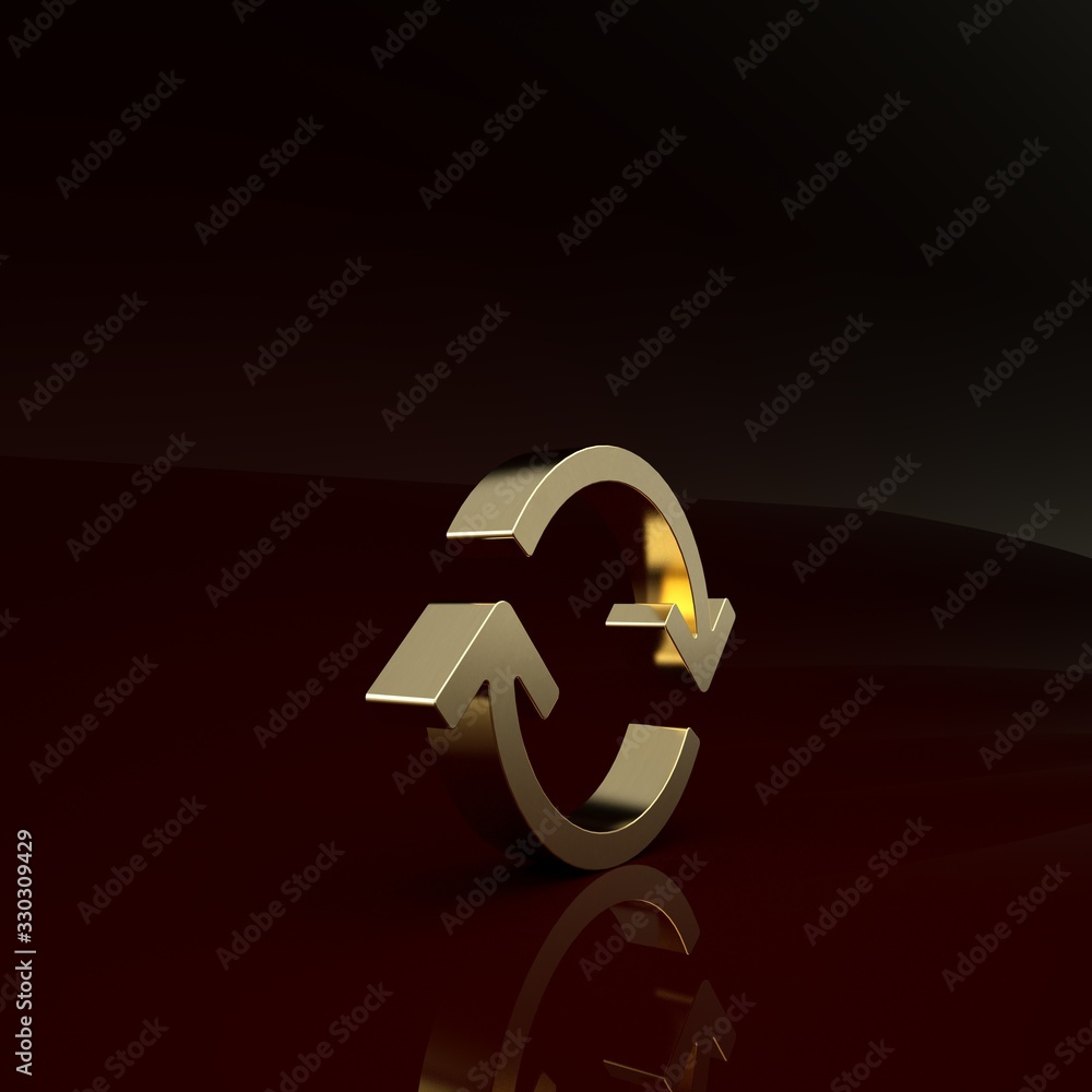 Poster gold refresh icon isolated on brown background. reload symbol. rotation arrows in a circle sign. min