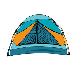 Blue tent for tourism, cartoon sketch illustration of camping equipment.