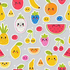 Colorful hand drawn seamless pattern with summer tropical fruit and berries. Cute stickers for your design. Healthy food. Kawaii style